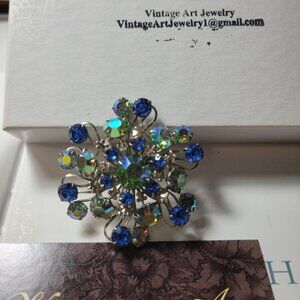Antique Aurora Borealis Brooch Something Blue on Rhodium finish Glam Unsigned